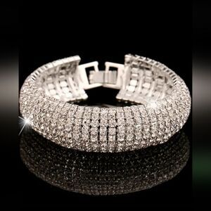 Rhinestone Silver Glam Sparkly Bling Chunky Stretch Bracelet